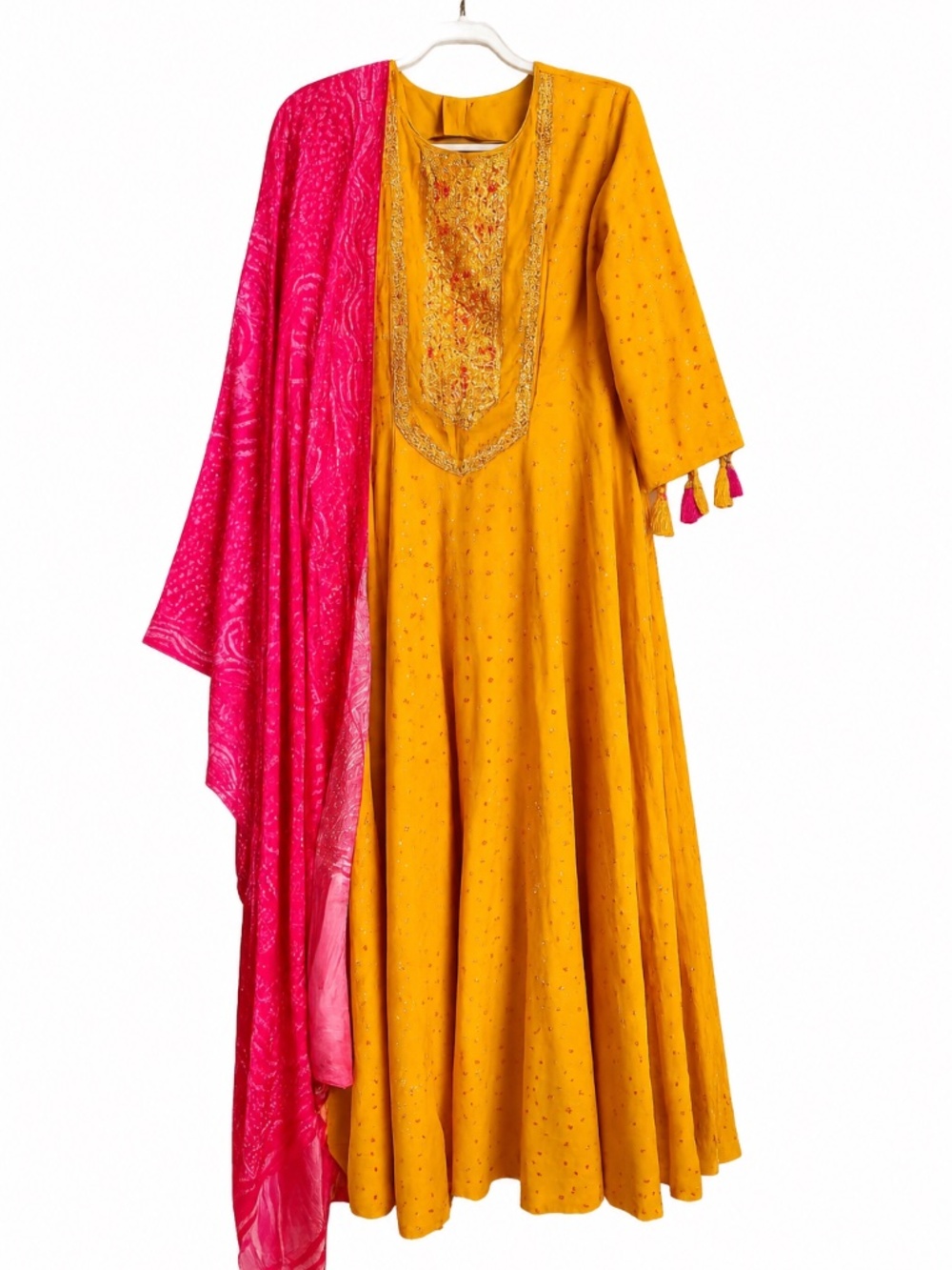 KALKI Mustard Yellow Mirror Work Anarkali Suit Set Pink Dupatta 3 Pc 55"